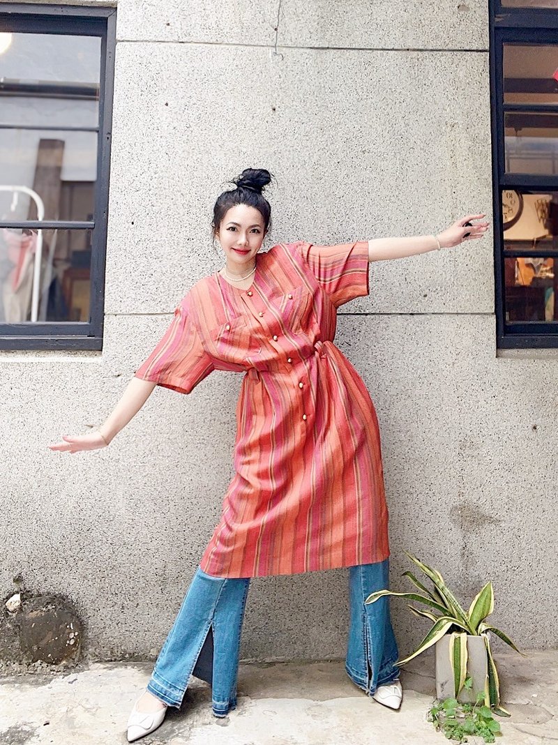 橙橘紅茶午後時光半立體直紋壓紋 長裙洋裝連身裙古著ドレスDress - 洋裝/連身裙 - 聚酯纖維 多色