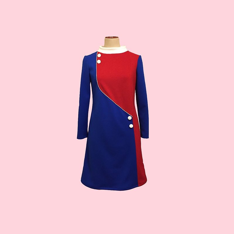 retro one-piece dress jeanne3  with collar - ชุดเดรส - เส้นใยสังเคราะห์ สีแดง