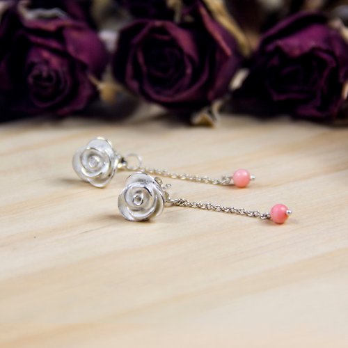 目目設計Gaze 玫瑰系列 - 大粉櫻紅玫瑰 - 925純銀手作耳環 銀飾 禮物 包裝