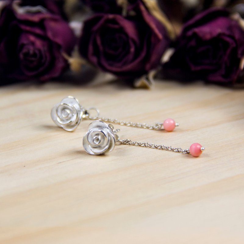 玫瑰系列 - 大粉櫻紅玫瑰 - 925純銀手作耳環 銀飾 禮物 包裝 - 耳環/耳夾 - 其他金屬 粉紅色