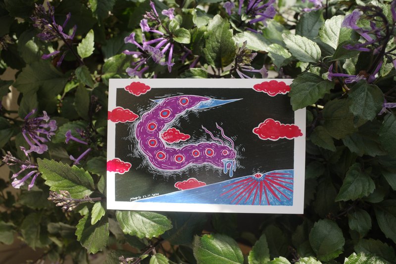 夜空下的藍色山丘 原創馬克筆手繪插畫 明信片 148×100mm 1張 - 卡片/明信片 - 紙 多色