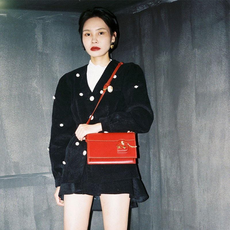 Original design red bag small square bag underarm bag - กระเป๋าแมสเซนเจอร์ - หนังแท้ สีแดง