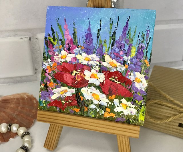 Original mini painting Miniature painting with flowers in oil Miniature Drawing flowers Wildflowers. Camomiles and cornflowers