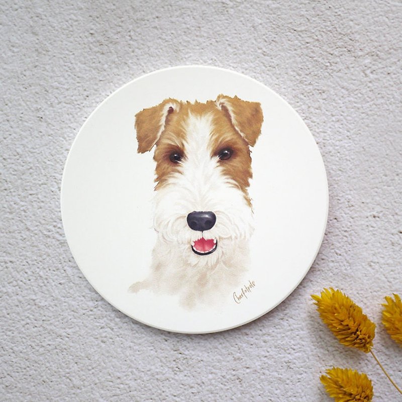 Watercolor Style Pet Portrait Coaster (Wire Fox Terrier) - Other - Pottery White
