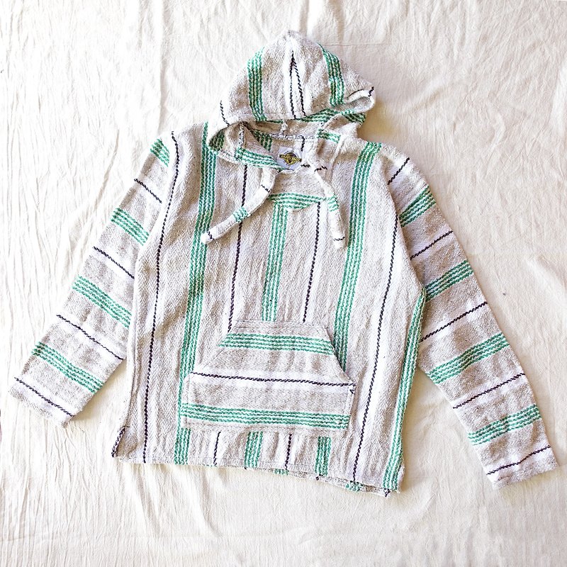 BajuTua /古著/ 墨西哥傳統連帽織布上衣 Baja hoodie-米X綠 - 男 T 恤 - 聚酯纖維 綠色