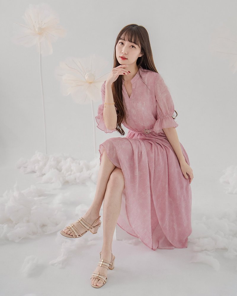 [Boli Print] Jellyfish skirt diagonally cut wavy dress retro Nadeshiko color long skirt - One Piece Dresses - Cotton & Hemp Pink