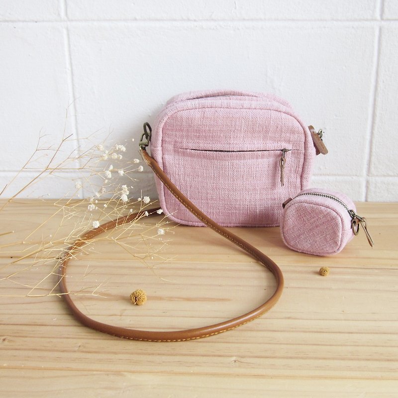 Goody Bag / A Set of Cross-body Bag Little Tan Mini Bag with Little Coin Bag in Pink Color Cotton - Messenger Bags & Sling Bags - Cotton & Hemp Pink