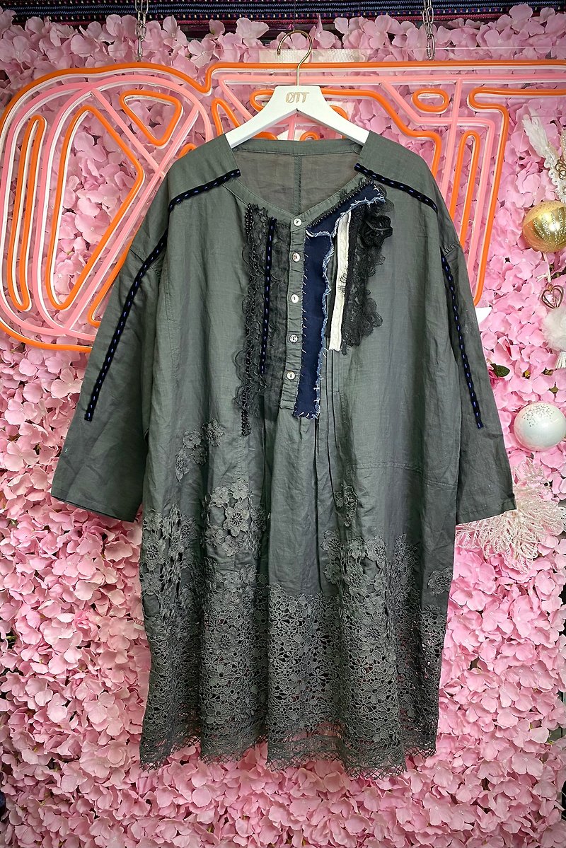 OTT Unique • Unique Dark Grey Denim Embroidered Lace Beaded Knit Handmade Shirt Dress - One Piece Dresses - Cotton & Hemp Gray