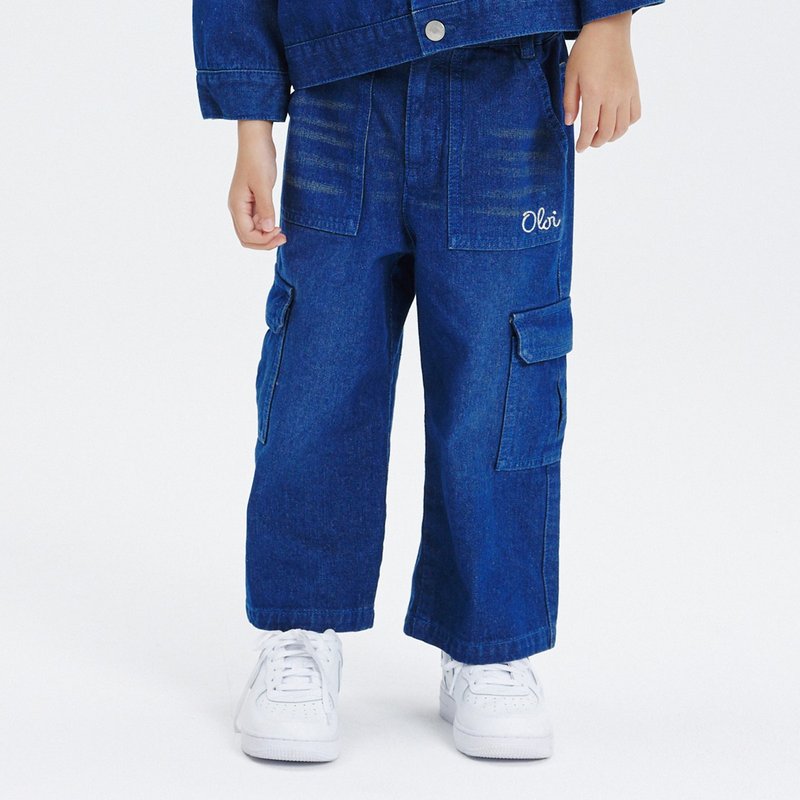 Color-washed cargo denim pants navy - 男/女童長褲/短褲 - 棉．麻 藍色