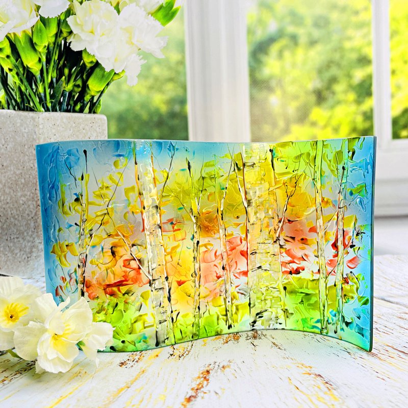 Glass wave art birch tree painting. Glass panel. Glass screen. - Other - Glass Multicolor