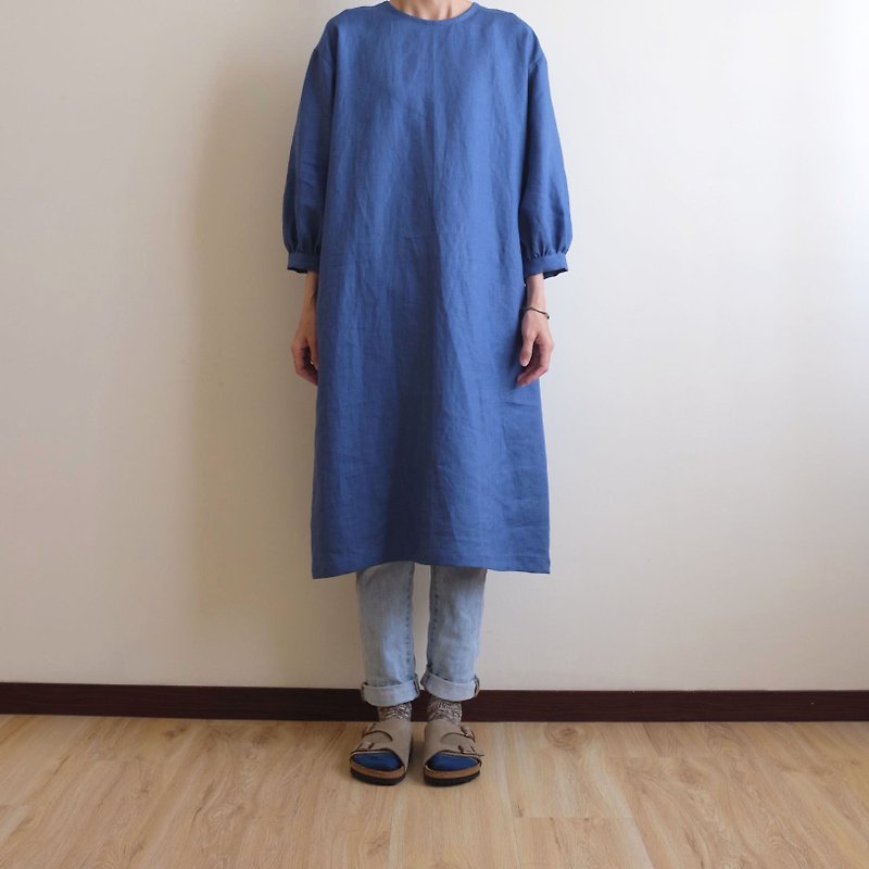 Daily Handmade Clothes Smoke Blue Puff Sleeve Straight Dress Linen - One Piece Dresses - Cotton & Hemp Blue