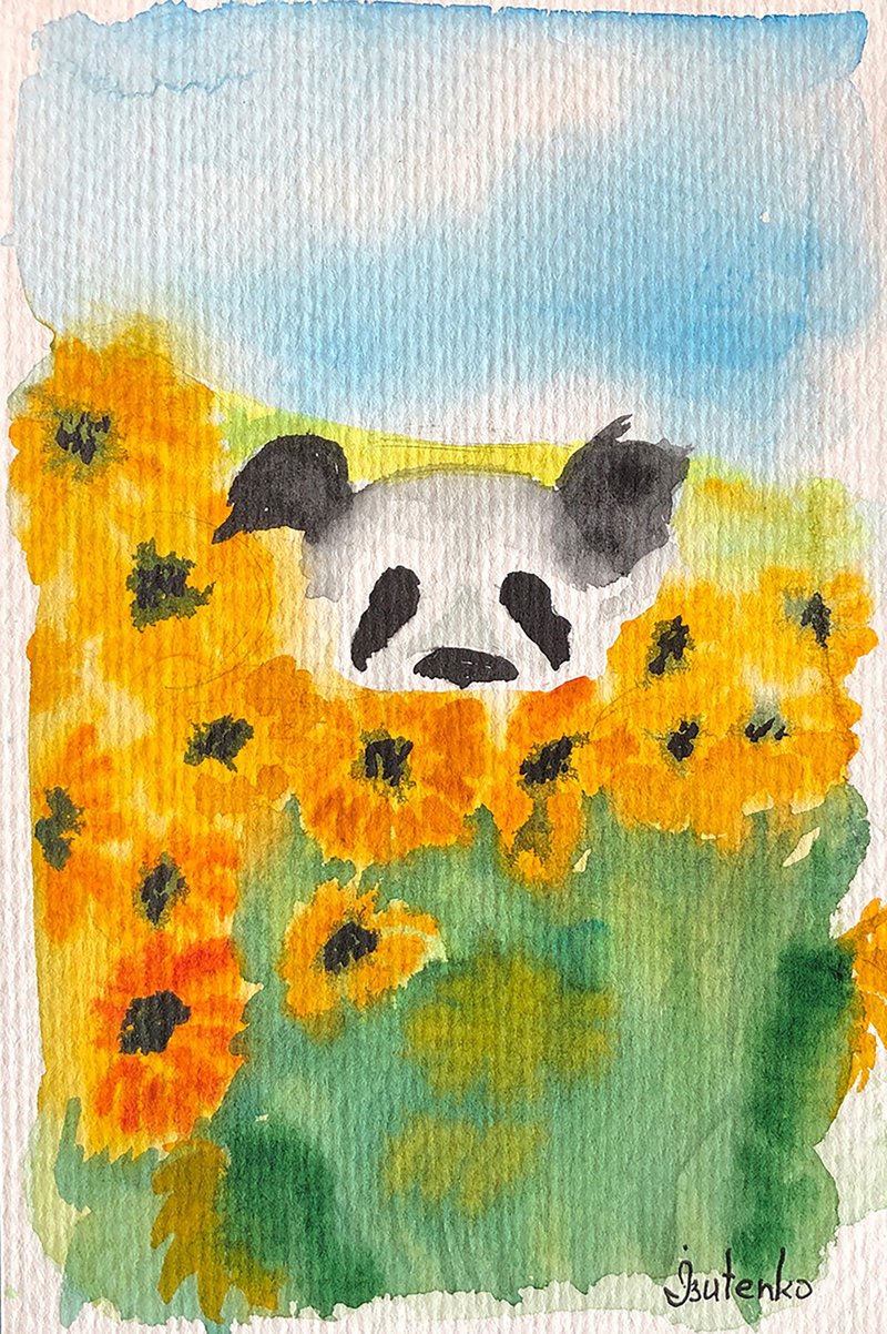Panda Painting Sunflower Original Art Floral Watercolor Artwork Bear Wall Art - 海報/掛畫/掛布 - 紙 黃色