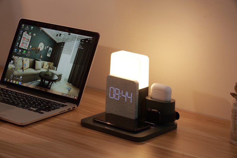 Multifunctional wireless charger, mobile phone holder, time alarm clock, night light - ที่ชาร์จไร้สาย - พลาสติก 