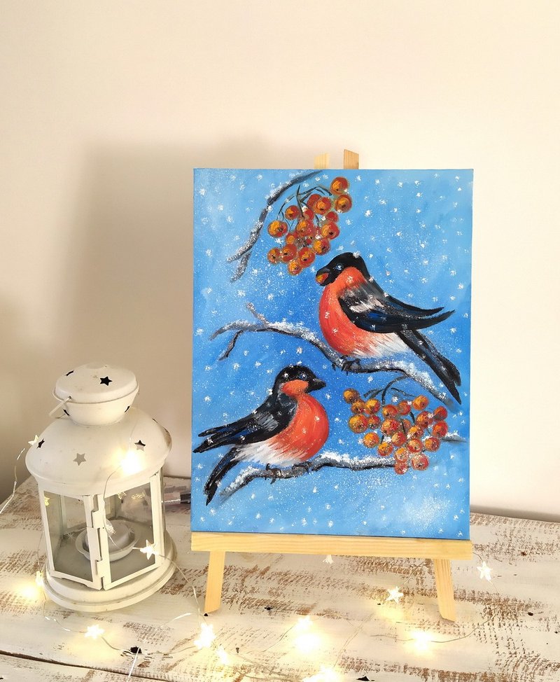 Red Breasted Birds on snowy branch home wall or shelf decoration on wooden easel - 壁貼/牆壁裝飾 - 其他材質 多色