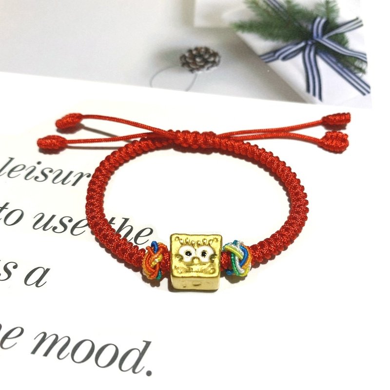 Eli Jewelry 純金 彌月禮 滿月禮 俏皮可愛海綿寶寶紅繩黃金手鍊 - 手鍊/手環 - 貴金屬 金色