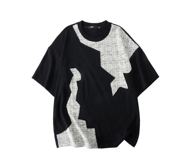 半袖Tシャツ メンズ パッチワークリベット装飾デザイン 2色 サマーパッチワークインパクトカラー半袖Tシャツメンズリトル