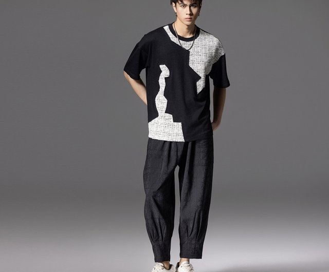 半袖Tシャツ メンズ パッチワークリベット装飾デザイン 2色 セール】【PAIRMANON STREET】異素材 パッチワーク 半袖 Tシャツ