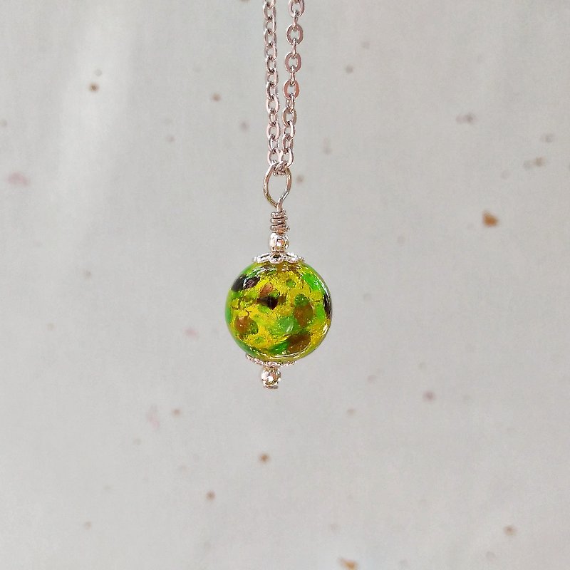 [Venetian Glass Beads] Dark Green  Aventurina Glass Bead Pendant Necklace - สร้อยคอ - แก้ว สีเขียว