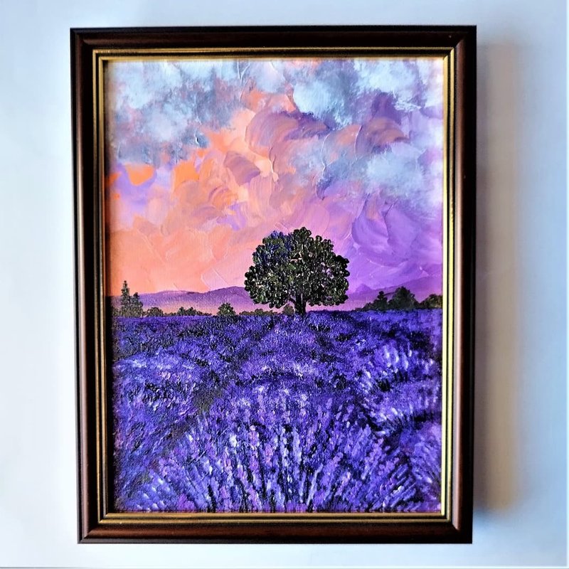 Lavender Field Landscape Painting Wall Decoration Floral Artwork Purple flowers - 壁貼/牆壁裝飾 - 壓克力 多色