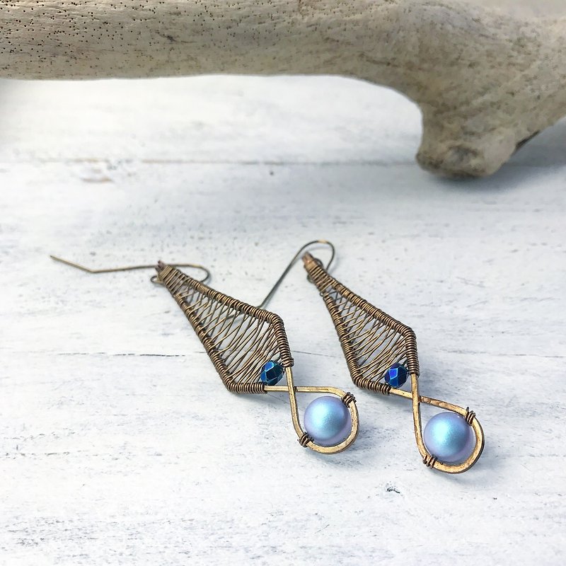 Handmade copper earrings - glass pearls - Earrings & Clip-ons - Other Metals Blue