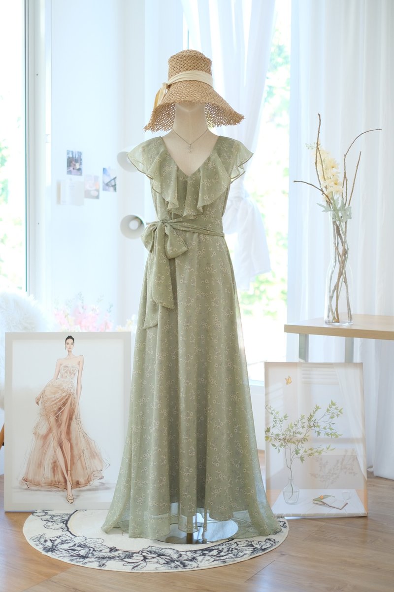 Sage green floral Maxi dress Summer dress Bridesmaid dress Cocktail party dress - Evening Dresses & Gowns - Polyester Green