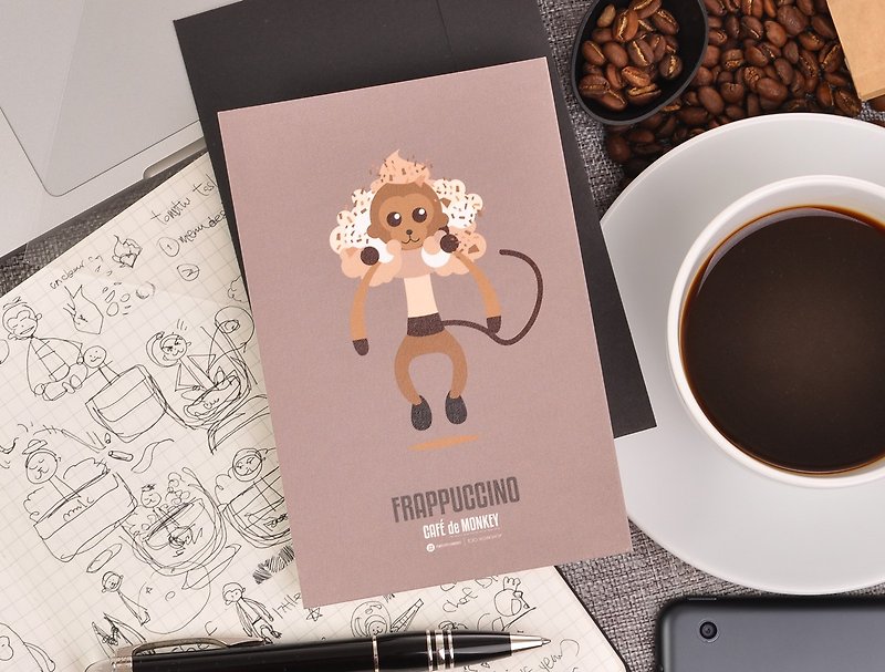 Cafe de Monkey Coffee Chart of Little Monkey Postcard - Frappuccino - การ์ด/โปสการ์ด - กระดาษ สีกากี