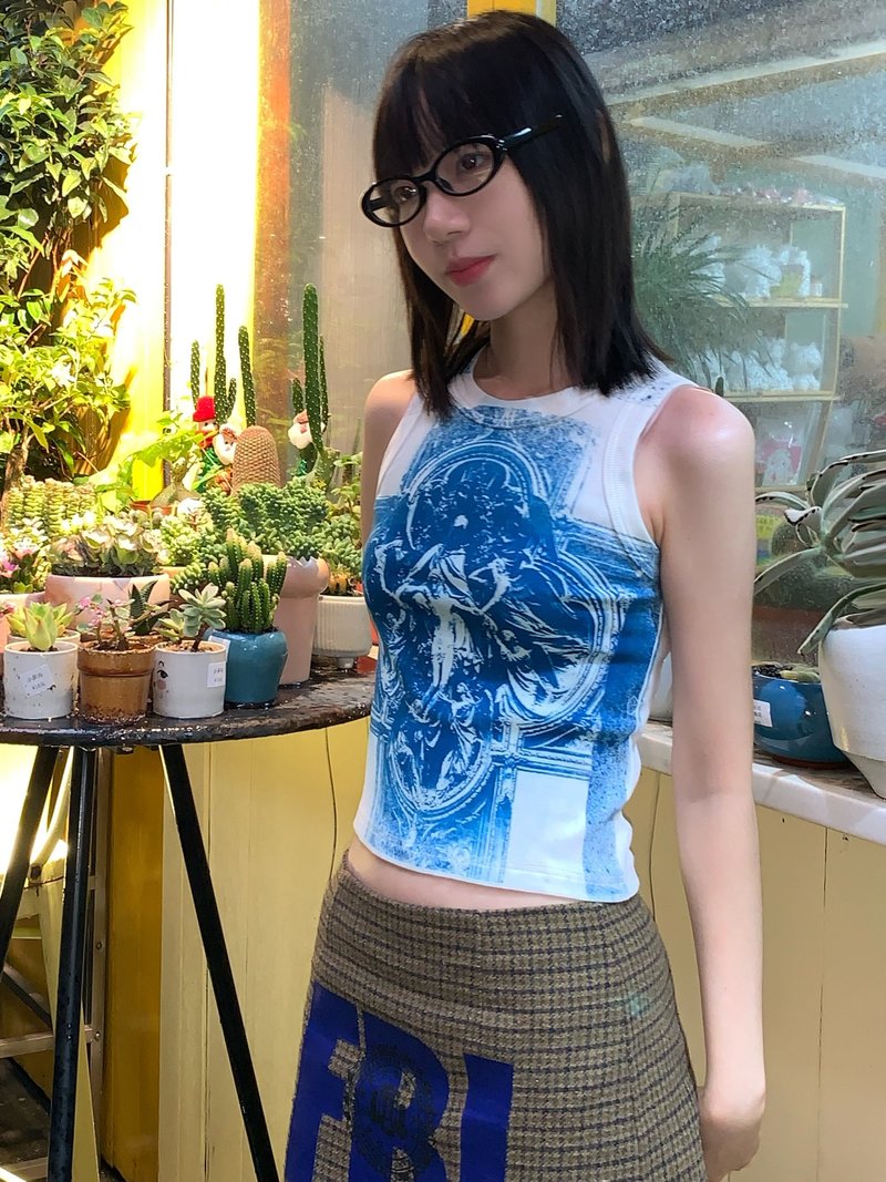 Cyanotype remake Christ cross slim crop top - Women's Vests - Cotton & Hemp Blue