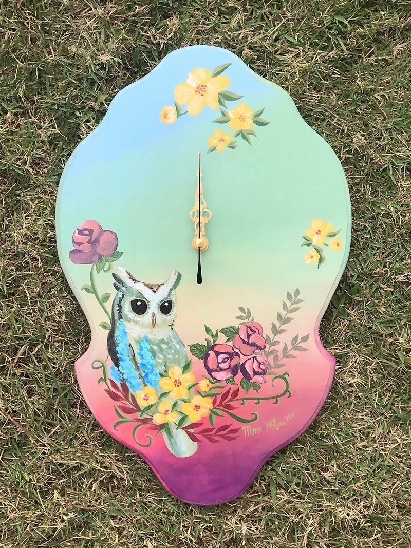 Hand - painted clocks - Owls and flowers - นาฬิกา - ไม้ หลากหลายสี
