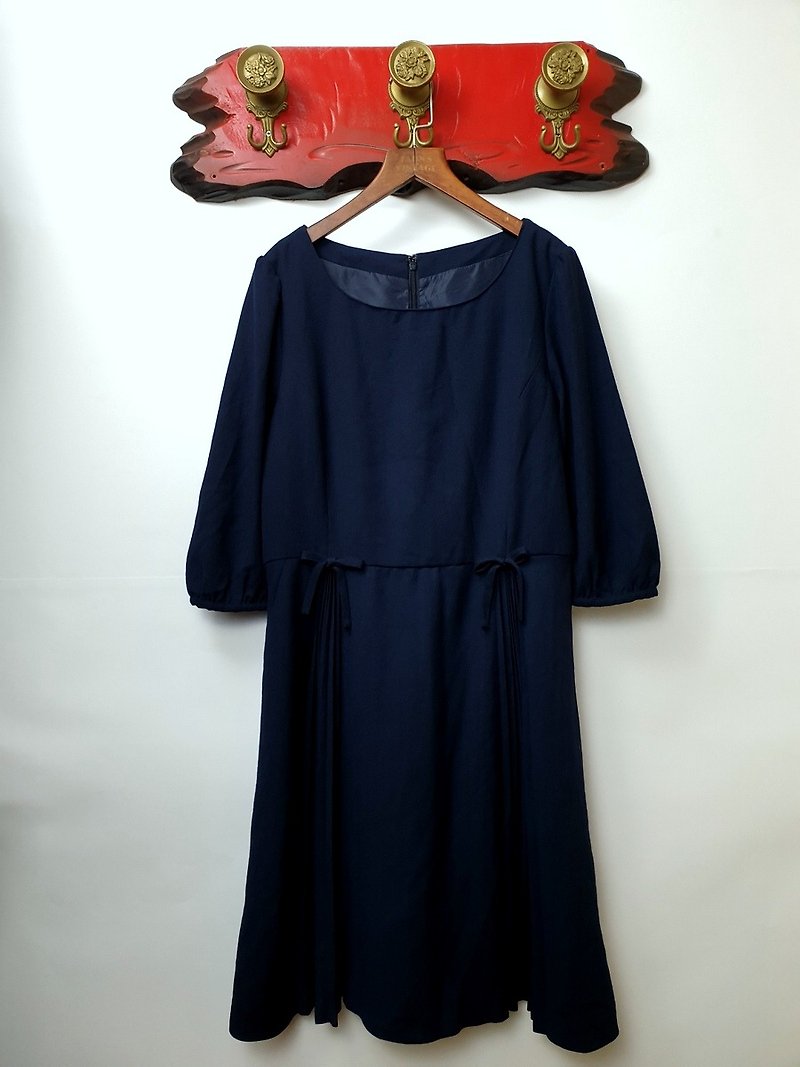 Little Turtle Gege - Japanese Lady Wrinkle Dark Blue Dress - One Piece Dresses - Polyester 