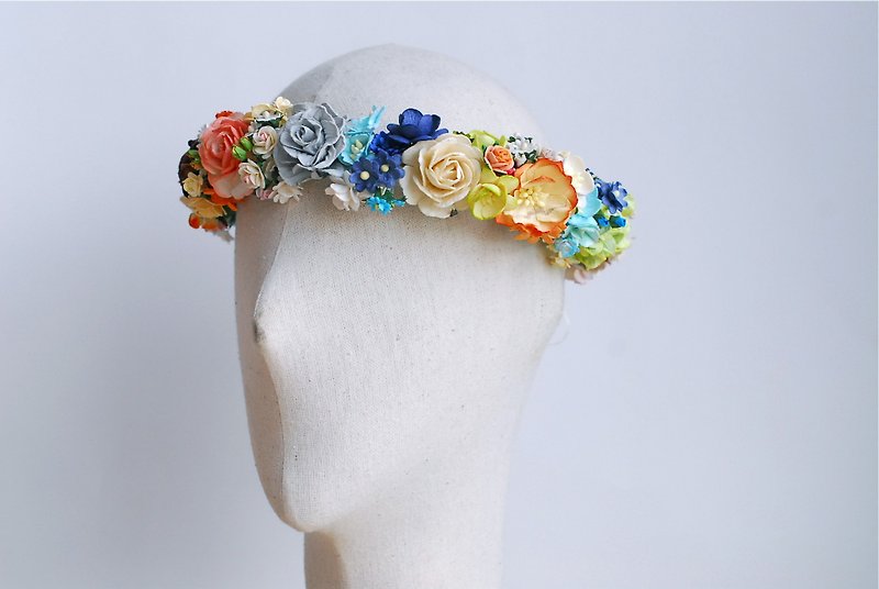 Paper Flower, flora crown, circle diameter 20 cm., adjustment on the back. Grey, mint, deep blue, peach ,dry brown, green and ivory color - Hair Accessories - Paper Red