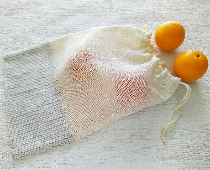 Produce bags mesh set of 2, Linen drawstring bag, Fruit bags, Eco storage bags - 水桶包/束口袋 - 亞麻 灰色