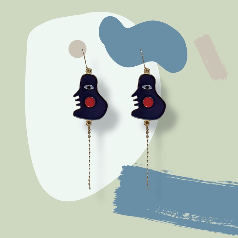 Abstract face 2-enamel earrings - ต่างหู - วัตถุเคลือบ สีน้ำเงิน