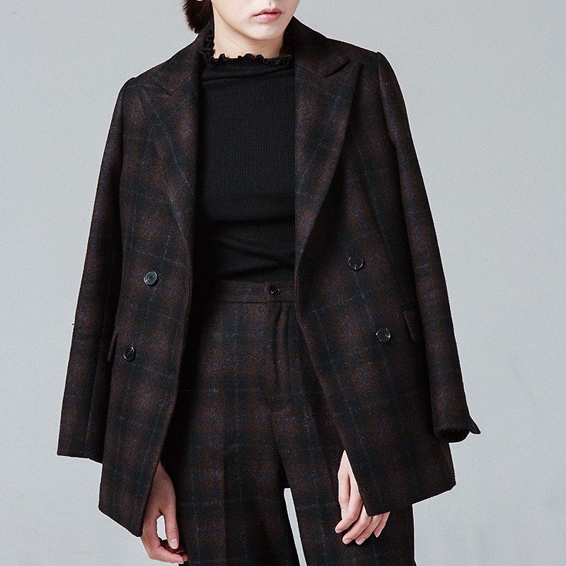 Coffee Plaid Blazer Dance me Double-breasted Gun Barrier Neutral 100% Imported Full Wool - Women's Blazers & Trench Coats - Wool Brown