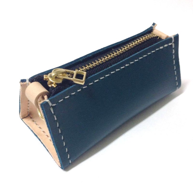 【Xuan Leather選。皮革】三角立體錢包［土耳其藍+原色］ykk拉鍊 - 零錢包/小錢包 - 真皮 綠色
