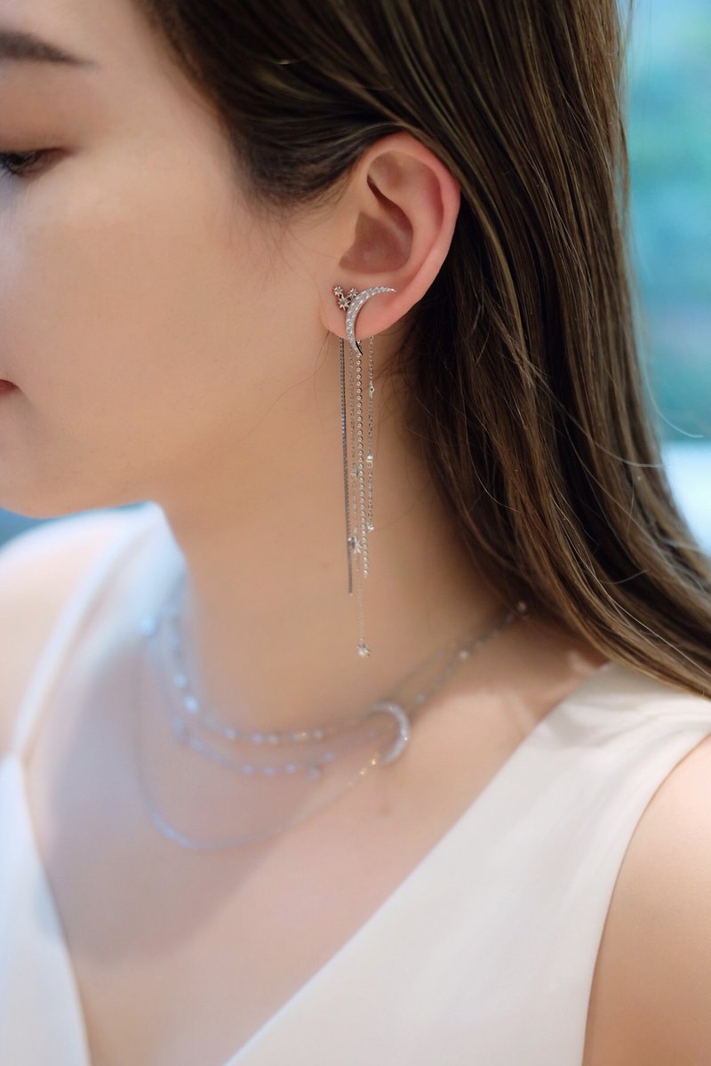 Moonlight Collection Star•Moon Series Earrings/Long Earrings Single Dual-use Earrings - ต่างหู - เงินแท้ สีเงิน