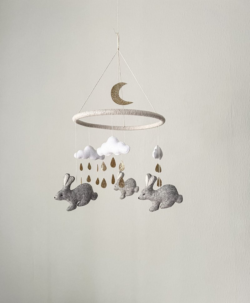 Bunny and Gold moon baby mobile, neutral nursery decor - Kids' Toys - Eco-Friendly Materials Gold