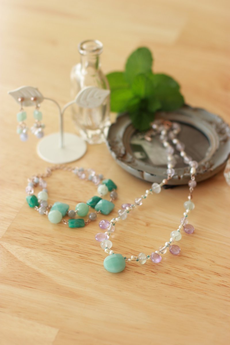 Amazonite and purple 3-piece set - สร้อยคอ - เครื่องประดับพลอย สีเขียว