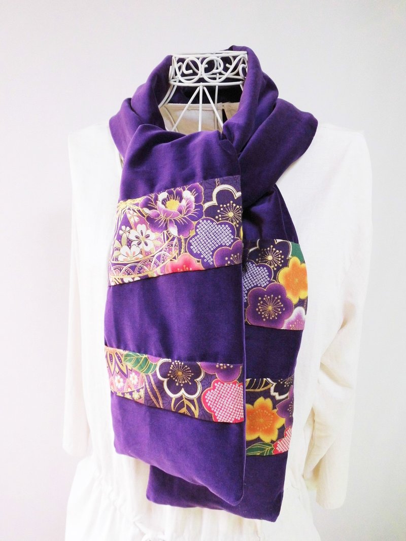 Velveteen_3 Temari and flower Japanese traditional stole - ผ้าพันคอถัก - ผ้าฝ้าย/ผ้าลินิน สีม่วง