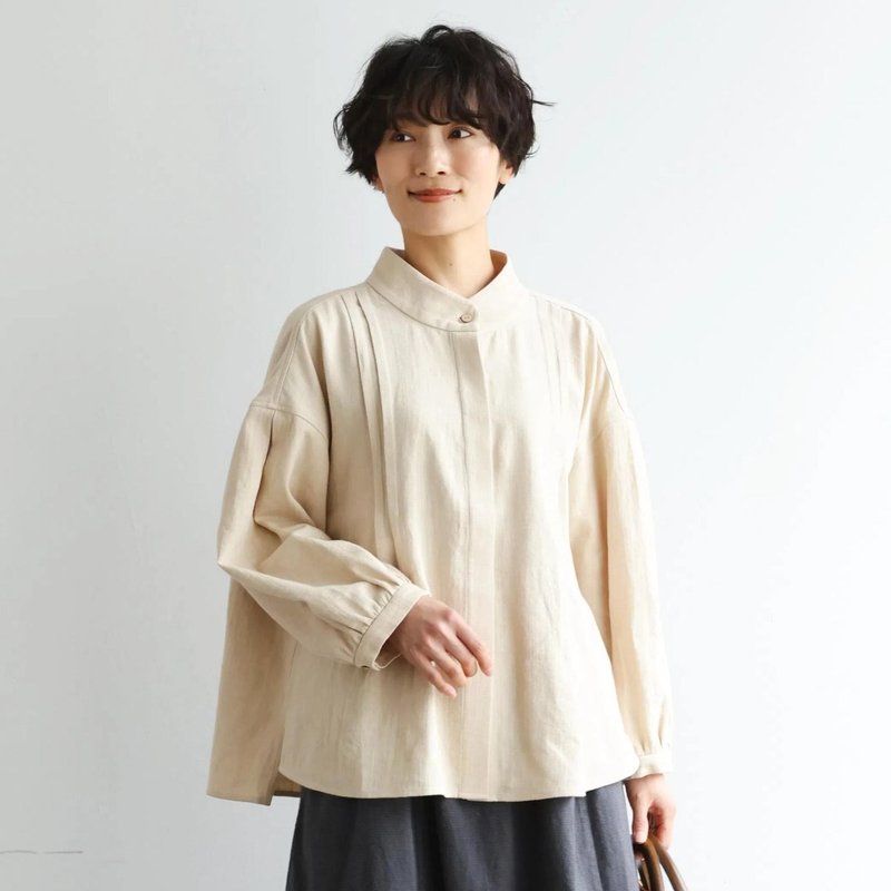 立体褶皺設計 棉麻寬鬆襯衫 透氣休閒上衣 自然米色  250415-1 - 女襯衫 - 棉．麻 