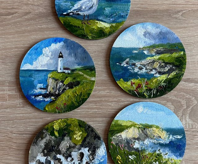 海をテーマにした小さな円形の油絵 5 枚セット - ショップ