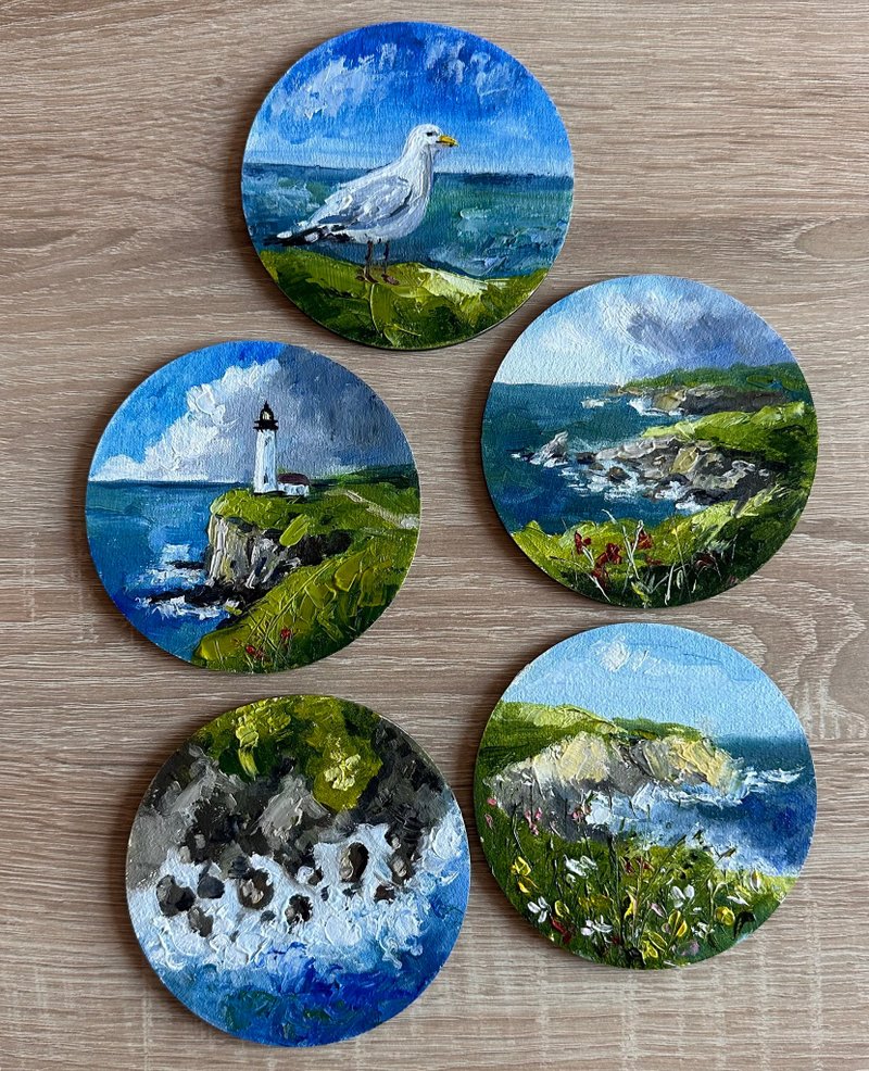 Set of 5 Small Round Oil Paintings with Sea Theme - 壁貼/牆壁裝飾 - 其他材質 
