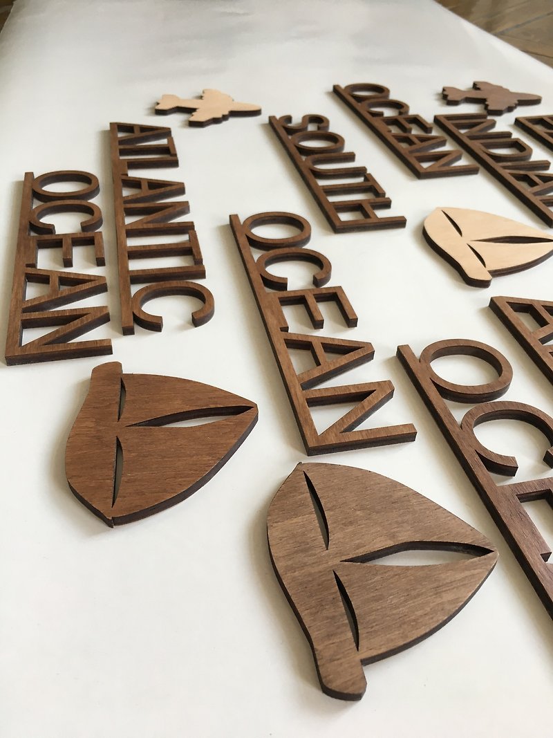 Wood map markers - Ocean names stickes 3D map accessories - Wood Planes boats - 牆貼/牆身裝飾 - 木頭 多色