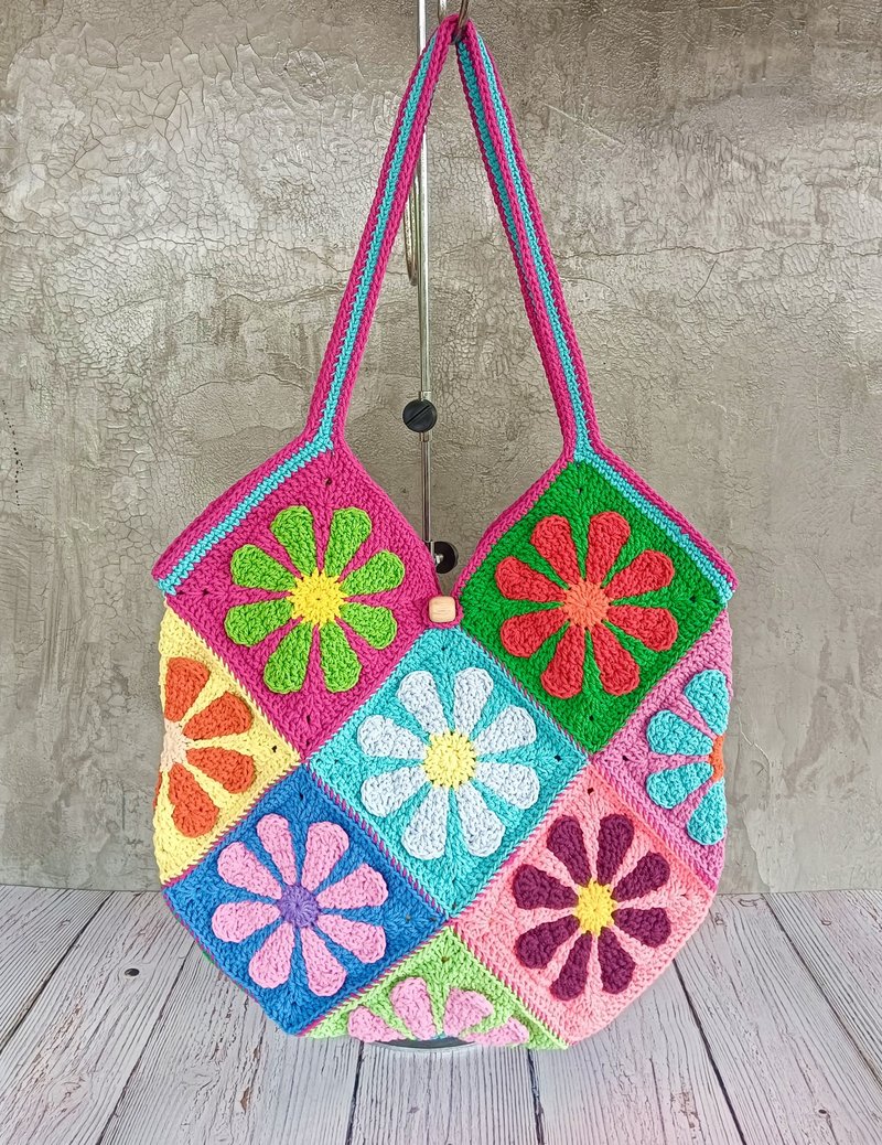 Granny Square flowers woven bag - 手提包/手提袋 - 棉．麻 