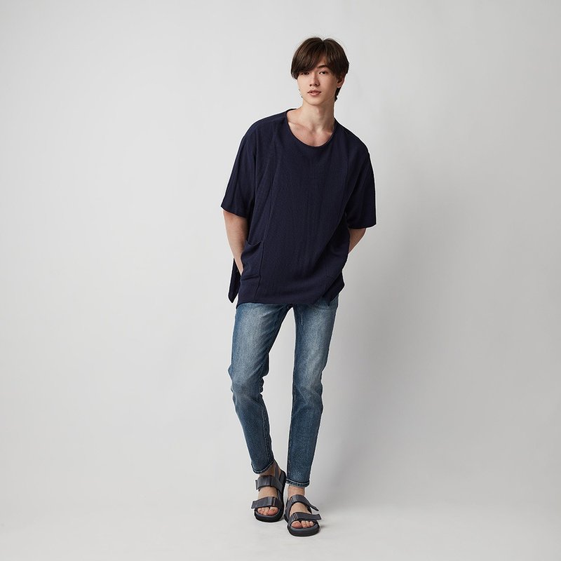 麻質不規則下擺Tee - 男 T 恤 - 棉．麻 藍色