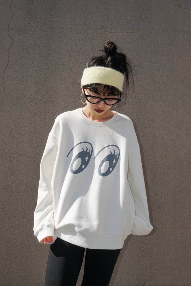 Eyes loose round neck plus velvet white university T sweatshirt - เสื้อฮู้ด - ผ้าฝ้าย/ผ้าลินิน ขาว