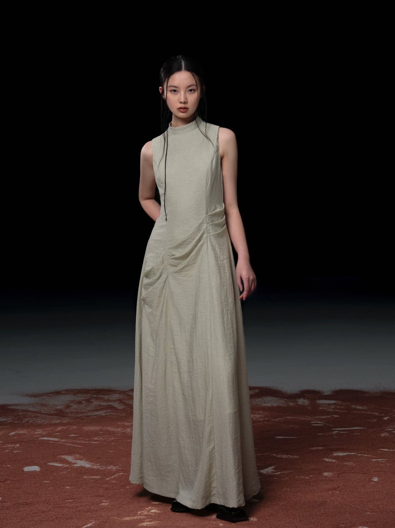 法式極簡 / 半高領棉麻連身裙 - 洋裝/連身裙 - 其他材質 綠色