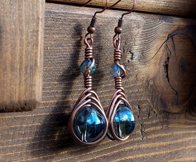 Copper Wire Wrap Earrings, Wing & A Prayer, Verdigris Charms, Glass