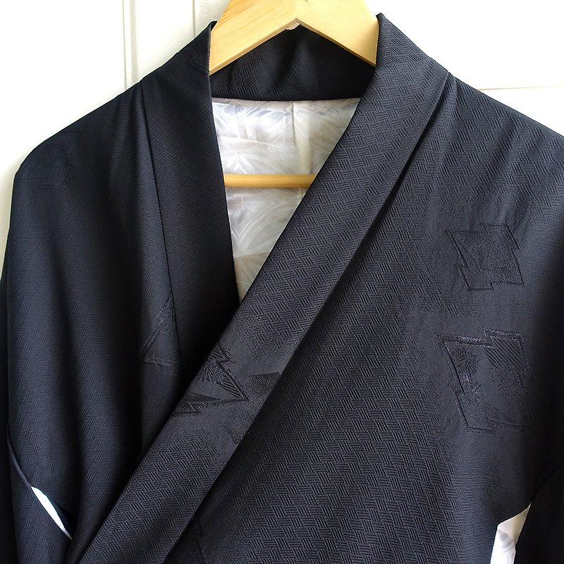│Slowly│ Japanese antiques - light kimono long coat O21│ vintage. Retro. - เสื้อโค้ทผู้ชาย - เส้นใยสังเคราะห์ สีดำ