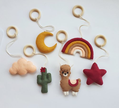 FeltGiftFinds Llama Play Gym Toys, Hanging Baby Toys Boho, Warm Tones Play Toy, Activity toys