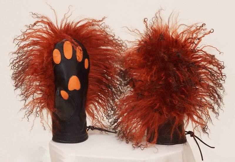 Fluffy winter warm red lama fur mittens palms of leather. Handmade fur mittens - Gloves & Mittens - Genuine Leather Orange